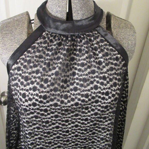 Nicole Miller Black & White Lace Dot Size Small Halter Neck Top Satin Bow Tie - Picture 2 of 14